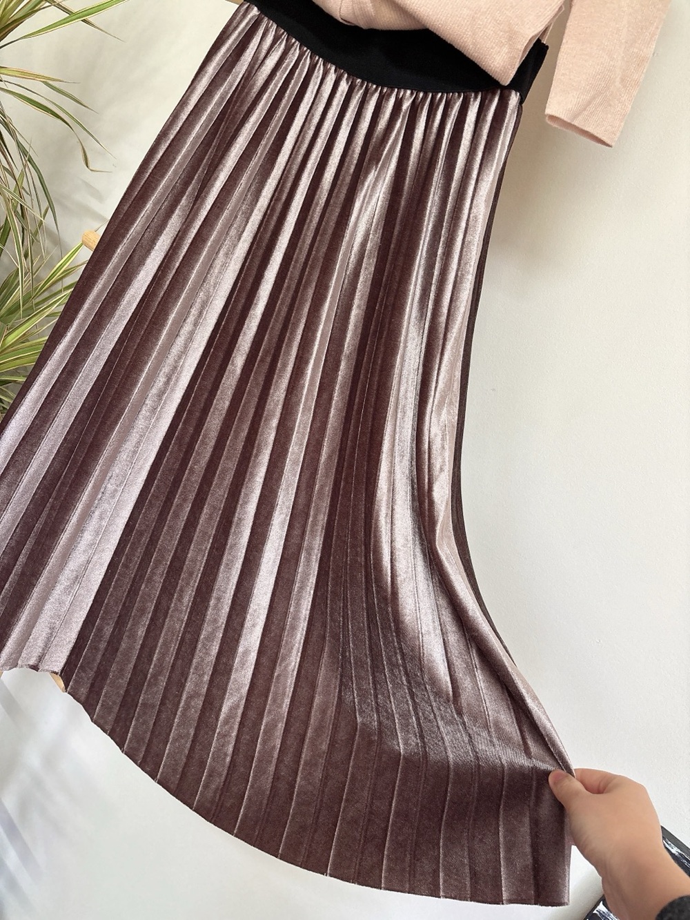 Dusty Pink Gray Pleated Metallic Midi Skirt -